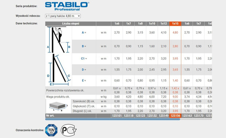 Drabina regałowa ze stopniami, zawieszana (1 para haków) KRAUSE Stabilo 1x15 4,80m 3,95 m