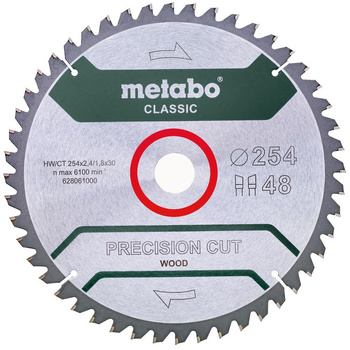 Piła tarczowa do drewna Metabo „Precision Cut Wood – Classic”, 254x30, Z48 WZ 5° ujemny (628061000)