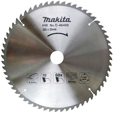 Tarcza do cięcia drewna, sklejki, płyty wiórowej, mdf 260x30mm 60Z Makita D-46408